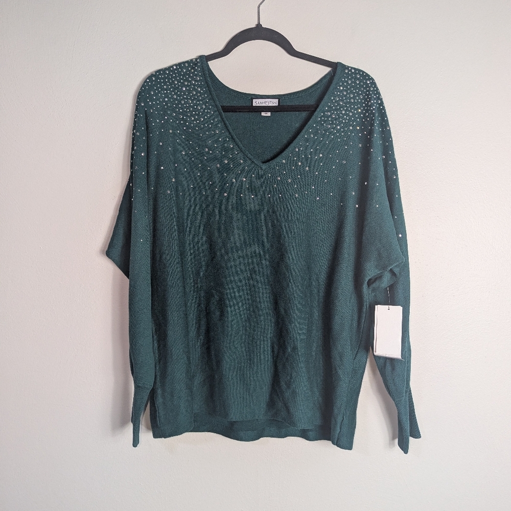 L NWT Sam and Jess Green Embellished Sweater